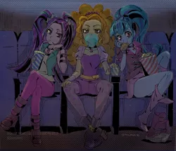 Size: 1304x1120 | Tagged: safe, artist:5mmumm5, derpibooru import, adagio dazzle, aria blaze, sonata dusk, equestria girls, ass, bubblegum, butt, cinema, clothes, drinking, drinking straw, eating, female, food, gum, hot dog, leggings, legs, looking at you, meat, pigtails, ponytail, popcorn, sausage, schrödinger's pantsu, shoes removed, sitting, socks, sonata donk, the dazzlings, thighs, trio, trio female, twintails