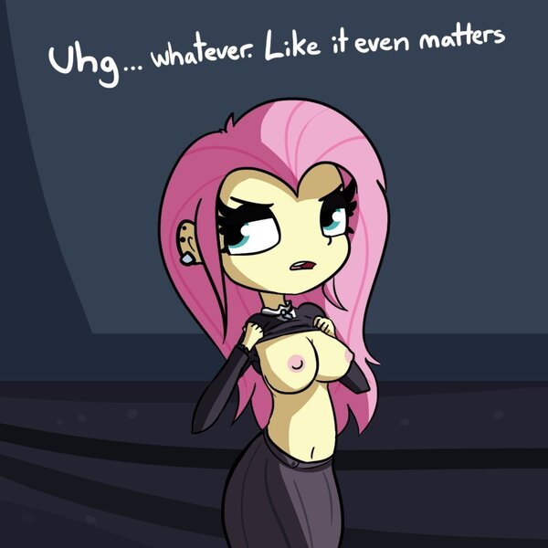 Size: 1080x1080 | Tagged: questionable, artist:tjpones, derpibooru import, fluttershy, bat pony, equestria girls, ..., belly button, braless, breasts, busty fluttershy, clothes, dialogue, exposed breasts, female, flutterbat, fluttergoth, nipples, nudity, race swap, shirt, shirt lift, skirt, solo, solo female