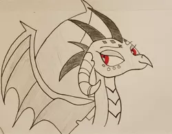 Size: 2048x1600 | Tagged: amused, artist:polar_storm, derpibooru import, dragon, monochrome, neo noir, partial color, princess ember, red eyes, safe, simple background, sketch, solo, traditional art, white background