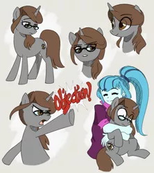 Size: 2064x2320 | Tagged: safe, artist:nightmare fuel, derpibooru import, sonata dusk, oc, oc:sonata, human, pony, unicorn, equestria girls, ace attorney, confused, female, frown, glasses, hape, happy, hug, mare, objection, pointing, ponytail, simple background, sketch, sketch dump, smiling, turnabout storm, unamused