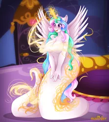 Size: 4872x5463 | Tagged: suggestive, artist:mailner, derpibooru import, princess celestia, alicorn, anthro, lamia, original species, snake, snake pony, absurd resolution, adorasexy, blushing, breasts, busty princess celestia, celestia's bedroom, cute, cutelestia, dawwww, fangs, female, glowing horn, heart hair, horn, huggable, lamiafied, long hair, magic, mare, monster mare, open mouth, sexy, slit eyes, snake tail, snakelestia, solo, solo female, species swap, split tongue, spread wings, strategically covered, tongue out, transformation, weapons-grade cute, what has magic done, wings