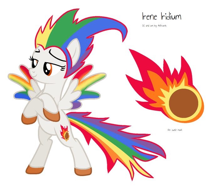 Size: 1368x1164 | Tagged: safe, artist:melisareb, derpibooru import, oc, oc:irene iridium, ponified, unofficial characters only, object pony, original species, pegasus, pony, base used, bipedal, colored wings, crossed arms, cutie mark, element pony, female, fire, gradient wings, mare, meteor, not rainbow dash, reference sheet, simple background, solo, white background, wings