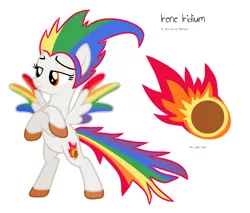 Size: 1368x1164 | Tagged: safe, artist:melisareb, derpibooru import, oc, oc:irene iridium, ponified, unofficial characters only, object pony, original species, pegasus, pony, base used, bipedal, colored wings, crossed arms, cutie mark, element pony, female, fire, gradient wings, mare, meteor, not rainbow dash, reference sheet, simple background, solo, white background, wings