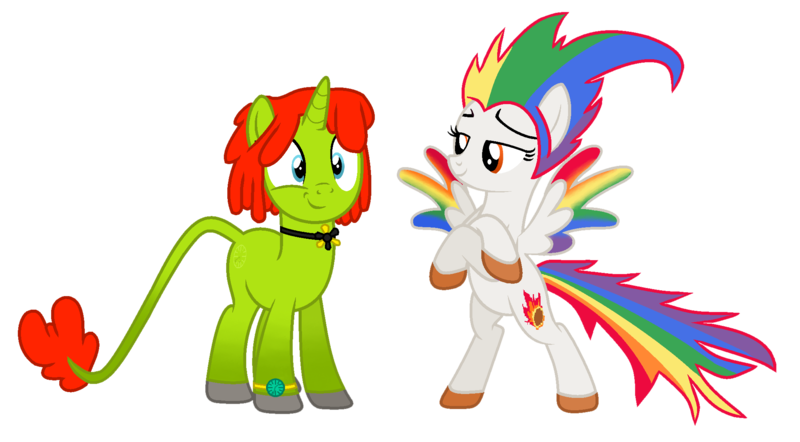 Size: 2066x1142 | Tagged: safe, artist:melisareb, derpibooru import, oc, oc:irene iridium, oc:radiante radium, ponified, unofficial characters only, object pony, original species, pegasus, pony, unicorn, 2020 community collab, derpibooru community collaboration, base used, bipedal, colored wings, crossed arms, element pony, gradient legs, gradient tail, gradient wings, leonine tail, needs more saturation, not rainbow dash, radioactive, simple background, transparent background, watch, wings