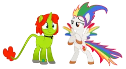 Size: 2066x1142 | Tagged: safe, artist:melisareb, derpibooru import, oc, oc:irene iridium, oc:radiante radium, ponified, unofficial characters only, object pony, original species, pegasus, pony, unicorn, 2020 community collab, derpibooru community collaboration, base used, bipedal, colored wings, crossed arms, element pony, gradient legs, gradient tail, gradient wings, leonine tail, needs more saturation, not rainbow dash, radioactive, simple background, transparent background, watch, wings