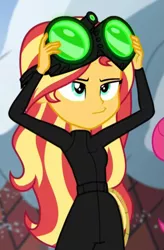 Size: 543x826 | Tagged: safe, derpibooru import, screencap, sunset shimmer, equestria girls, equestria girls series, holidays unwrapped, spoiler:eqg series (season 2), catsuit, cropped, female, goggles, imagine spot, night vision goggles, solo, stealth suit, winter break-in