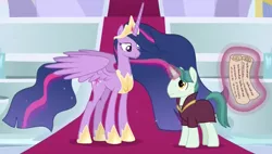 Size: 1701x964 | Tagged: safe, derpibooru import, screencap, princess twilight 2.0, professor mossmane, professor mosstone, twilight sparkle, twilight sparkle (alicorn), alicorn, pony, unicorn, the last problem, cropped, crown, duo, ethereal mane, female, hoof shoes, jewelry, magic, magic aura, male, mare, older, older twilight, peytral, regalia, scroll, stallion, telekinesis, ultimate twilight