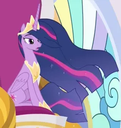 Size: 987x1045 | Tagged: safe, derpibooru import, screencap, princess twilight 2.0, twilight sparkle, twilight sparkle (alicorn), alicorn, pony, the last problem, cropped, crown, ethereal mane, female, hoof shoes, jewelry, mare, older, older twilight, peytral, regalia, sitting, solo, throne