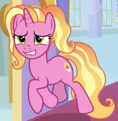 Size: 500x515 | Tagged: safe, derpibooru import, screencap, luster dawn, pony, unicorn, the last problem, cropped, female, grin, mare, nervous, nervous grin, smiling, solo, trotting