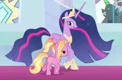 Size: 770x509 | Tagged: safe, derpibooru import, screencap, luster dawn, princess twilight 2.0, twilight sparkle, twilight sparkle (alicorn), alicorn, pony, unicorn, the last problem, cropped, crown, duo, ethereal mane, female, hoof shoes, jewelry, lidded eyes, mare, older, older twilight, peytral, regalia, teacher and student, ultimate twilight