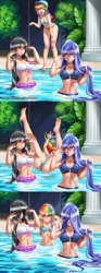 Size: 1495x4000 | Tagged: suggestive, artist:racoonsan, derpibooru import, edit, octavia melody, princess luna, rainbow dash, human, absolute cleavage, adorasexy, annoyed, barefoot, baseball cap, belly button, bikini, breasts, busty octavia, busty princess luna, busty rainbow dash, cap, cleavage, clothes, crying, cute, dashabetes, eyes closed, falling, feet, hair covering face, hat, humanized, instant karma, karma, laughing, long hair, luna is not amused, octavia is not amused, open mouth, rainbow dash is not amused, rainbow douche, sexy, slipping, swimming pool, swimsuit, tears of laughter, trio, unamused, wet, wet hair