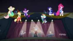Size: 1366x768 | Tagged: safe, derpibooru import, screencap, applejack, flash sentry, fluttershy, pinkie pie, rainbow dash, rarity, ringo, sandalwood, sci-twi, twilight sparkle, cheer you on, equestria girls, equestria girls series, spoiler:eqg series (season 2), backstage, channel, clothes, discovery family, discovery family logo, drums, eyes closed, female, guitar, humane five, humane six, male, musical instrument, piano, ponied up, scene, stage, super ponied up, transformation, wings