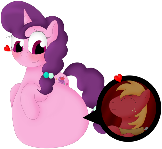 Size: 933x856 | Tagged: questionable, artist:girlsvoreboys, derpibooru import, big macintosh, sugar belle, pony, female, fetish, heart, male, mare, shipping, stallion, straight, sugarmac, vorabelle, vore, willing vore