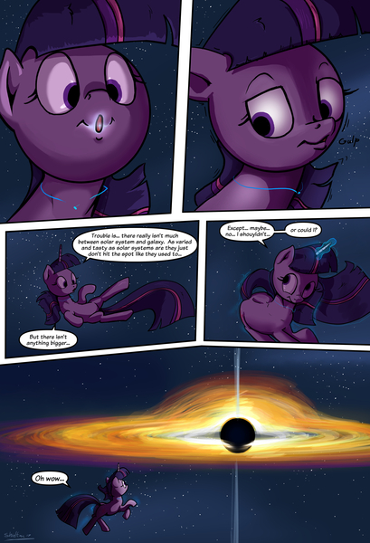 Size: 1920x2816 | Tagged: safe, artist:shieltar, derpibooru import, part of a set, twilight sparkle, pony, unicorn, comic:giant twilight, accretion disk, black hole, comic, cute, dialogue, female, giant pony, giantess, glowing horn, growth, gulp, horn, macro, magic, mare, nom, part of a series, pony bigger than a planet, pony bigger than a solar system, pony bigger than a star, signature, size difference, solar system, solo, space, stars, teleportation, this will end in spaghettification, twiabetes, unicorn twilight