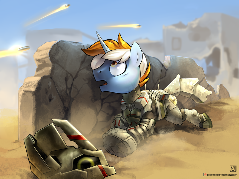 Size: 4000x3000 | Tagged: safe, artist:jedayskayvoker, derpibooru import, oc, unofficial characters only, pony, unicorn, armor, desert, fight, gunfight, gunfire, open mouth, outdoors, pinned down, prone, solo