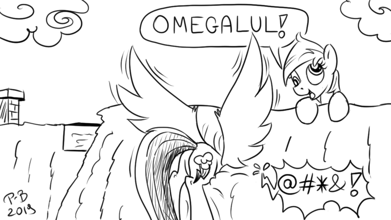 Size: 1200x675 | Tagged: safe, artist:pony-berserker, derpibooru import, derpy hooves, rainbow dash, pegasus, pony, black and white, butt, buttstuck, censored vulgarity, cloud, fail, female, grawlixes, grayscale, i can't believe it's not idw, mare, monochrome, omegalul, plot, pony-berserker's twitter sketches, roof, signature, simple background, sketch, stuck, white background