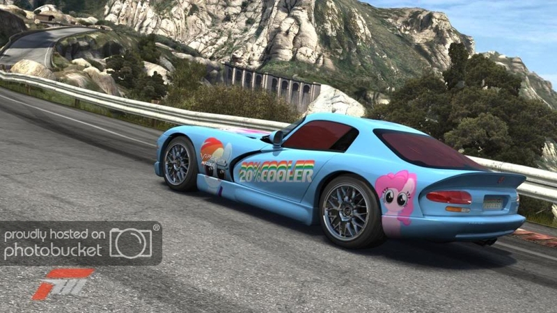 Size: 1024x576 | Tagged: safe, derpibooru import, part of a set, pinkie pie, rainbow dash, pony, car, dodge (car), dodge viper, female, forza motorsport 3, game screencap, itasha, mare, video game