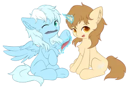 Size: 1734x1200 | Tagged: safe, artist:ice crystal, derpibooru import, oc, oc:ice crystal, oc:winter comes, unofficial characters only, pegasus, pony, unicorn, 2020 community collab, derpibooru community collaboration, duo, female, friends, looking at you, magic, mare, one eye closed, raised hoof, simple background, sitting, telekinesis, transparent background, wink