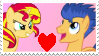 Size: 99x56 | Tagged: safe, artist:achuni, derpibooru import, flash sentry, sunset shimmer, pony, deviantart stamp, female, flashimmer, male, shipping, stamp, straight