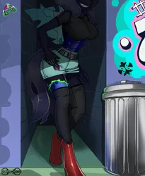 Size: 650x792 | Tagged: alleyway, anthro, artist:empressbridle, breasts, busty changeling, changeling, condom, derpibooru import, engrish in the description, equestria changed, princess luna, prostitution, shapeshifting, suggestive, trash can