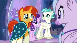 Size: 1920x1080 | Tagged: safe, derpibooru import, screencap, silverstream, starlight glimmer, sunburst, terramar, trixie, classical hippogriff, hippogriff, pony, unicorn, student counsel, cape, clothes, female, glasses, male, mare, socks (coat marking), stallion