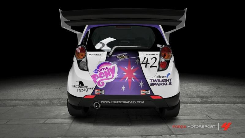 Size: 1024x576 | Tagged: car, chevrolet, chevrolet spark, cutie mark, derpibooru import, forza motorsport 4, game screencap, itasha, my little pony logo, part of a set, safe, twilight sparkle, video game