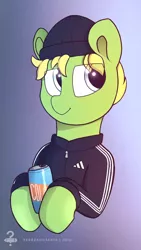 Size: 720x1280 | Tagged: safe, artist:perezadotarts, derpibooru import, oc, pony, adidas, adidas tracksuit, beanie, bust, clothes, digital art, gopnik, gradient background, hardbass, hat, logo, male, simple background, slav, slavic, smiling, soda, solo, text, tracksuit