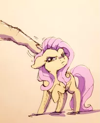 Size: 1073x1309 | Tagged: safe, artist:buttersprinkle, derpibooru import, fluttershy, human, pegasus, pony, angry, annoyed, colored sketch, cute, female, floppy ears, fluttershy is not amused, grumpy, hand, madorable, mare, petting, raised hoof, smol, tiny, tiny ponies, traditional art, unamused