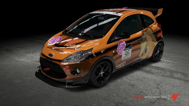 Size: 1024x576 | Tagged: safe, derpibooru import, part of a set, applejack, pony, car, cowboy hat, female, ford, ford ka, forza motorsport 4, game screencap, hat, itasha, mare, my little pony logo, video game