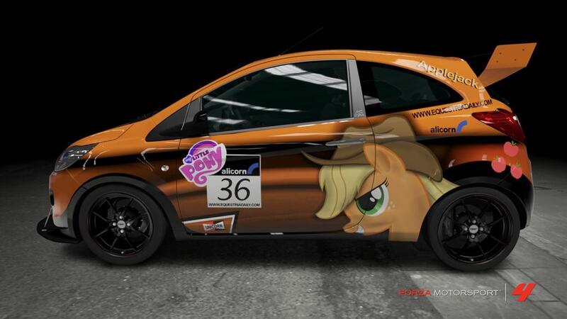 Size: 1024x576 | Tagged: safe, derpibooru import, part of a set, applejack, pony, car, cowboy hat, cutie mark, female, ford, ford ka, forza motorsport 4, game screencap, hat, itasha, mare, my little pony logo, race, video game