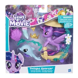 Size: 600x600 | Tagged: safe, derpibooru import, applejack, fluttershy, pinkie pie, rainbow dash, rarity, twilight sparkle, twilight sparkle (alicorn), alicorn, dolphin, pony, unicorn, my little pony: the movie, accessories, box, crown, doll, eyes closed, female, hasbro, jewelry, mane six, mare, my little pony, my little pony logo, regalia, smiling, toy