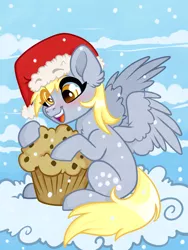 Size: 3000x4000 | Tagged: safe, artist:annakitsun3, derpibooru import, derpy hooves, pegasus, pony, christmas, cloud, eye clipping through hair, female, food, hat, holiday, mare, muffin, on a cloud, santa hat, solo