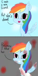 Size: 1000x2000 | Tagged: semi-grimdark, artist:rainbow dash is best pony, derpibooru import, rainbow dash, pegasus, pony, fanfic:rainbow factory, 2 panel comic, adorable face, blood, blushing, cheek fluff, cloud, comic, cute, daaaaaaaaaaaw, dashabetes, ear fluff, evil, grimcute, open mouth, outside to inside, rainbow factory dash, solo, spread wings, two panels, two toned wings, wings