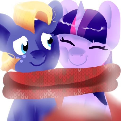 Size: 512x512 | Tagged: safe, artist:alaiamax, derpibooru import, star tracker, twilight sparkle, pony, cheek squish, cheek to cheek, clothes, cute, eyes closed, female, male, mare, scarf, shared clothing, shared scarf, shipping, smiling, squishy cheeks, stallion, straight, trackerbetes, twitracker