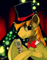 Size: 758x965 | Tagged: safe, artist:si1vr, derpibooru import, oc, oc:stardom, unofficial characters only, pony, bowtie, hat, microphone, singer, solo