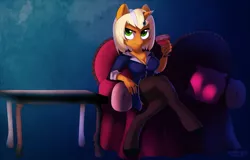 Size: 1737x1109 | Tagged: safe, artist:si1vr, derpibooru import, oc, unofficial characters only, anthro, unicorn, clothes, glass, horn, horn ring, ring, sofa bed, solo