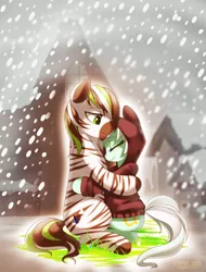 Size: 974x1280 | Tagged: safe, artist:si1vr, derpibooru import, lyra heartstrings, oc, oc:jack hyperfreak, zebra, canon x oc, clothes, hoodie, shipping, snow, winter