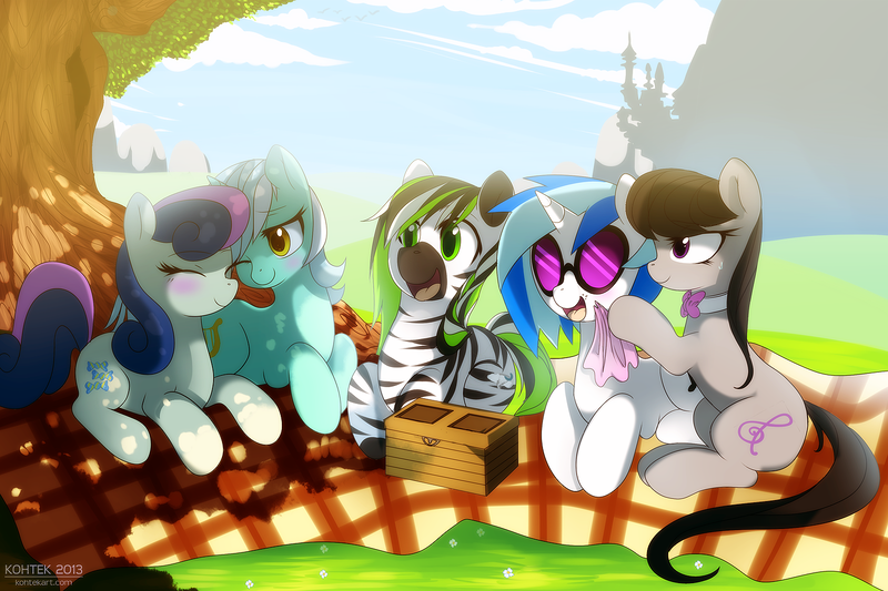 Size: 1500x1000 | Tagged: safe, artist:si1vr, derpibooru import, bon bon, lyra heartstrings, octavia melody, sweetie drops, vinyl scratch, oc, oc:jack hyperfreak, zebra, canterlot, female, lesbian, lyrabon, picnic, picnic blanket, shipping, tree, zebra oc