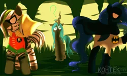 Size: 2000x1200 | Tagged: artist:si1vr, batman, clothes, confused, cosplay, costume, derpibooru import, oc, princess luna, queen chrysalis, robin, safe, zebra