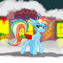 Size: 2500x2500 | Tagged: safe, artist:rurihal, derpibooru import, rainbow dash, pegasus, pony, chest fluff, clothes, covering, ear fluff, female, lidded eyes, mare, messy mane, snow, solo, walking, wing covering