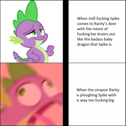 Size: 1024x1024 | Tagged: suggestive, derpibooru import, edit, rarity, spike, dragon, anal insertion, dying, female, female on male, im so sorry, implied anal insertion, implied femdom, implied foalcon, implied insertion, male, meme, pegging, reaction image, sex toy, shipping, sparity, straight, strapon, template, text