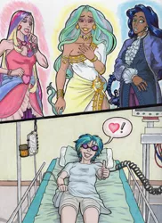 Size: 930x1280 | Tagged: amazon, artist:manly man, bed, breasts, broken pelvis, busty princess celestia, busty princess luna, cast, clothes, crying, dark skin, derpibooru import, dress, grimace, guilty face, heart, hospital, hospital bed, hospital gown, human, humanized, iv drip, light skin, pictogram, princess cadance, princess celestia, princess luna, suggestive, tears of joy, this ended in snu snu, thumbs up, traditional art, vinyl scratch, worth it