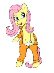 Size: 3024x4032 | Tagged: suggestive, artist:alviniscute, derpibooru import, fluttershy, pony, bedroom eyes, belly button, bipedal, briefs, clothes, fetish, prison outfit, smiling, solo, underwear