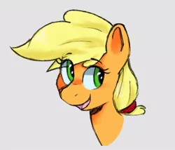 Size: 700x600 | Tagged: safe, artist:brushelle, derpibooru import, applejack, pony, bust, cute, female, gray background, hatless, jackabetes, mare, missing accessory, open mouth, portrait, simple background, solo