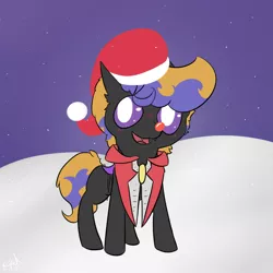 Size: 1200x1200 | Tagged: artist:ezupack, blushing, changeling, changeling oc, christmas, christmas changeling, clothes, costume, cute, derpibooru import, fangs, hat, holiday, male, oc, oc:tozuma, purple changeling, red nose, safe, santa hat, snow