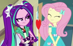 Size: 1510x958 | Tagged: safe, derpibooru import, aria blaze, fluttershy, equestria girls, equestria girls series, rainbow rocks, rollercoaster of friendship, ariashy, female, flutterblaze, heart, lesbian, shipping, shipping domino