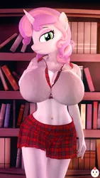 Size: 1080x1920 | Tagged: 3d, anthro, artist:hentype, belly button, bellyring, big breasts, book, bookshelf, breasts, busty sweetie belle, clothes, derpibooru import, female, huge breasts, midriff, miniskirt, older, older sweetie belle, piercing, plaid skirt, pleated skirt, skirt, solo, solo female, suggestive, sweetie belle