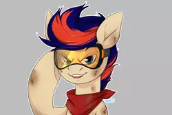 Size: 3000x2000 | Tagged: safe, artist:t-fruit, derpibooru import, oc, oc:zephyr leaf, unofficial characters only, pegasus, pony, aviator goggles, bandana, bust, clothes, commission, determined, dirty, dust, goggles, hoof on head, looking at you, male, open mouth, pegasus oc, portrait, safety goggles, scarf, scratches, simple background, stallion, two toned mane, wings, ych result