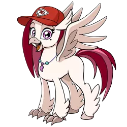 Size: 1211x1212 | Tagged: 2020 community collab, adoraskies, american football, artist:latecustomer, cute, derpibooru community collaboration, derpibooru import, female, hat, hippogriff, jewelry, kansas city chiefs, looking at you, necklace, nfl, oc, oc:velvet skies, safe, simple background, smiling, sports, transparent background, unofficial characters only