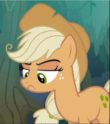 Size: 831x941 | Tagged: safe, derpibooru import, screencap, mean applejack, pony, the mean 6, clone, cropped, frown, lidded eyes, raised eyebrow, solo